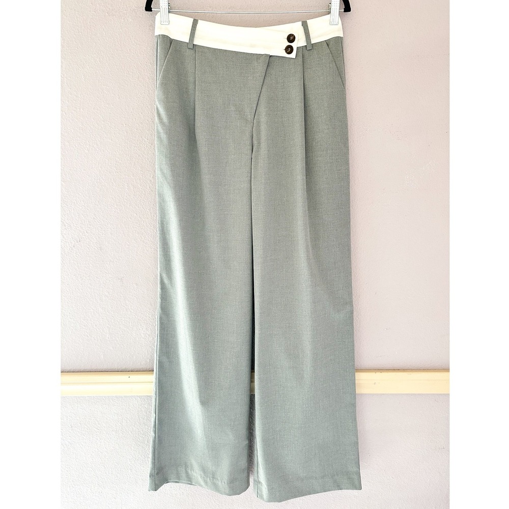 Isalis Grey Wide Leg Trousers Contrast Waistband Preppy Minimalist Office Wear M